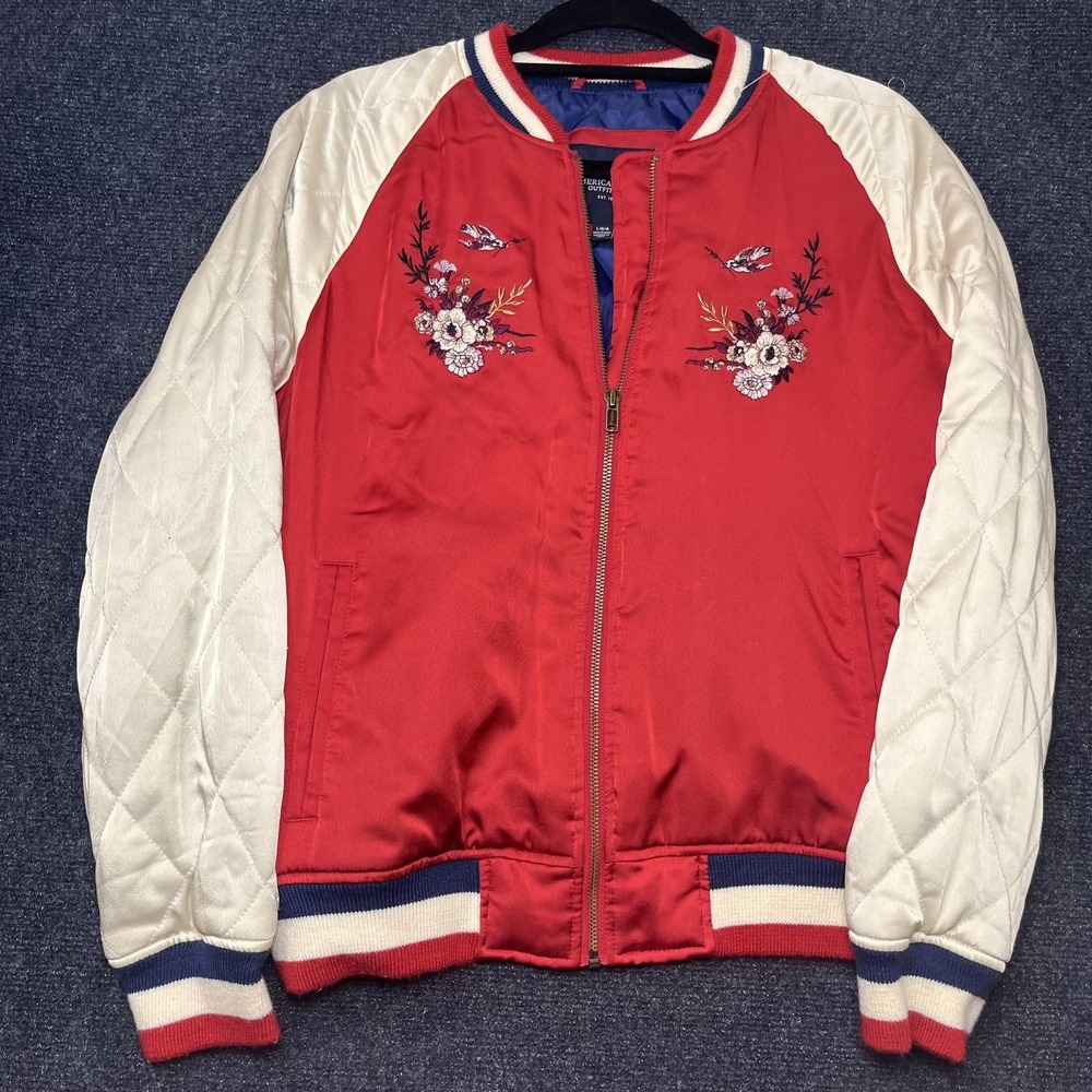 American Eagle Outfitters Jacket Womens L‎ Red Floral Bomber Satin Embroidered